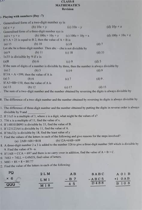 Class Mathematics Revision Playing With Numbers Day Generalised Fo