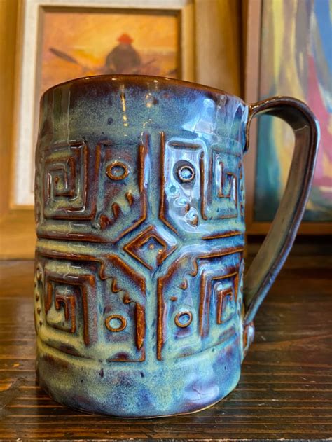 Hand Built Ceramic Mug Amaco Lustrous Jade X1 Over Textured Amber