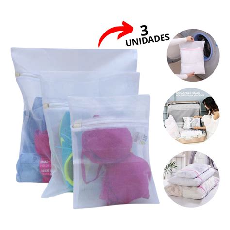 Kit Sacos Lavar Roupa P M G Pcs Intima Delicada Ziper Saquinhos Protetor Lingerie Tela