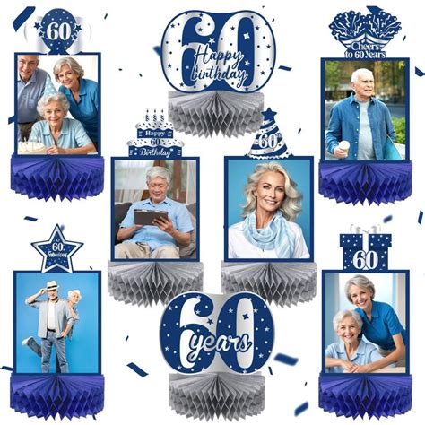 8pcs Blue 60th Birthday Decorations Honeycomb Centerpieces For Men