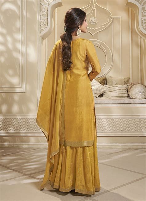 Shop Nidhi Shah Yellow Dola Silk Jacquard Print Sharara Suit Pakistani