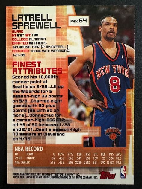 Latrell Sprewell Topps Finest Basketball Card New York Knicks