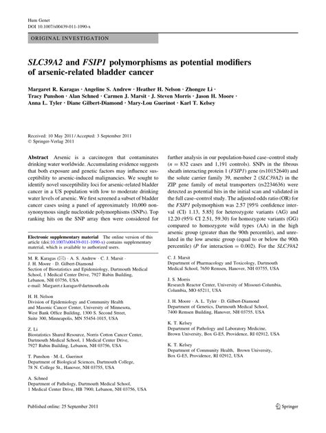 Pdf Slc A And Fsip Polymorphisms As Potential Modifiers Of Arsenic