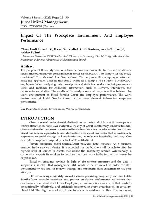 Pdf Impact Of The Workplace Environment And Employee Performance