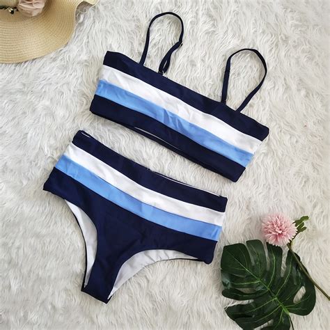 Free Shipping Sexy Retro Bandeau High Waist Striped Bikini Set Jkp