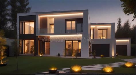 Luxury Modern House Exterior Illuminated by Elegant Lighting and Garden at Night. Modern House ...