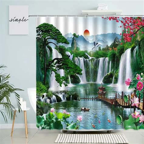 Chinese Landscape Shower Curtain Forest Park Waterfall Lake Lotus