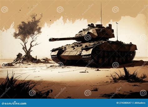 Sketch Of A Tank Sitting In The Middle Of An Empty Battlefield Ready