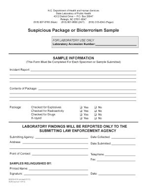 Fillable Online Form DHHS 4118 Suspicious Package Or Bioterrorism