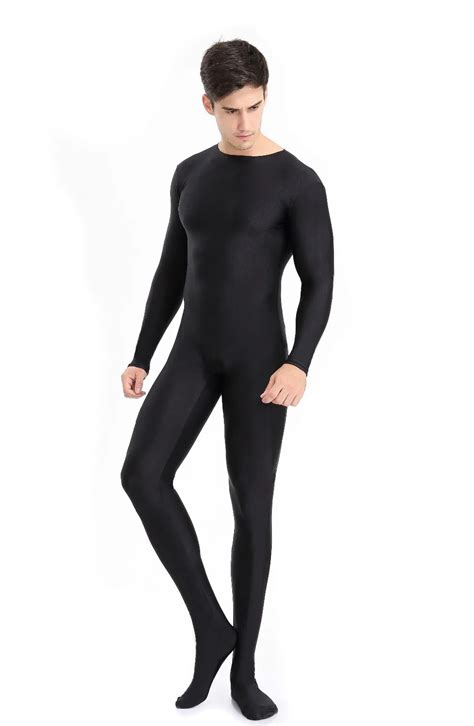 Buy Mens Full Body Spandex Zentai Suit Black Long Sleeve Unitard Adult Zipper Back Black Footed