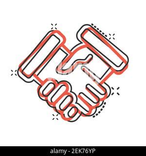 Handshake Icon In Comic Style Partnership Deal Cartoon Vector