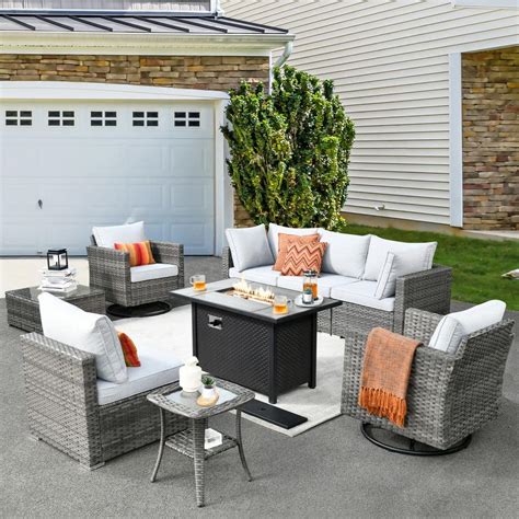 XIZZI Harlotte 9-Piece Wicker Patio Rectangular Fire Pit Set with Gray ...