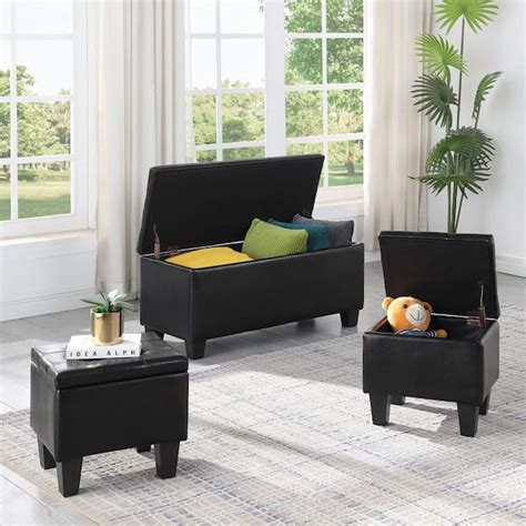 3Pcs Black PU Leather Large Storage Ottoman Bench Set, Line Bedroom End ...