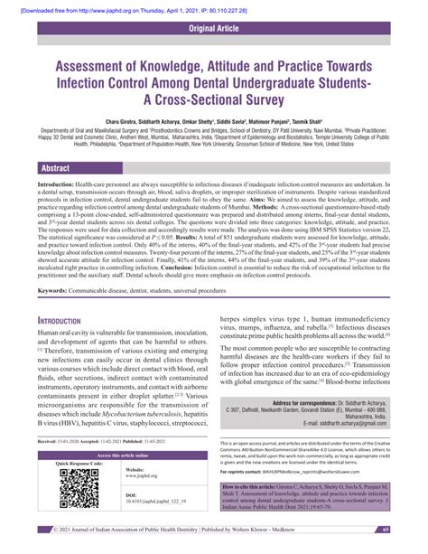 Pdf Assessment Of Knowledge Attitude And Practice Towards Infection