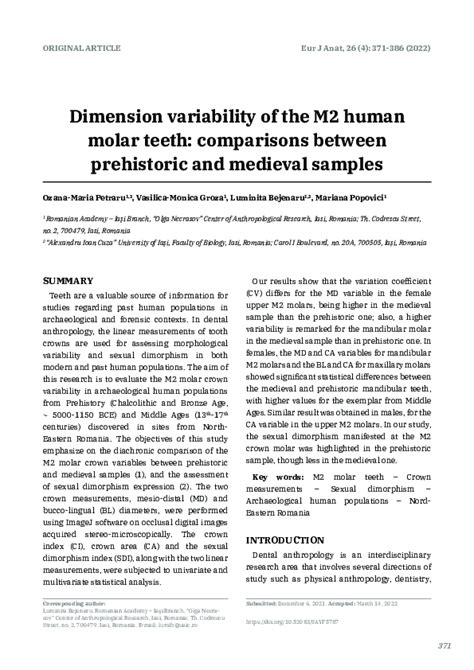 Pdf Dimension Variability Of The M2 Human Molar Teeth Comparisons