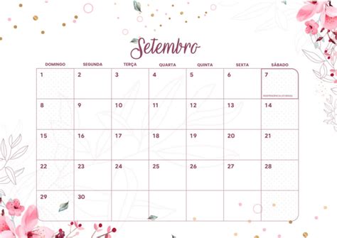 Calendário Mensal 2024 Floral Setembro Fazendo a Nossa Festa