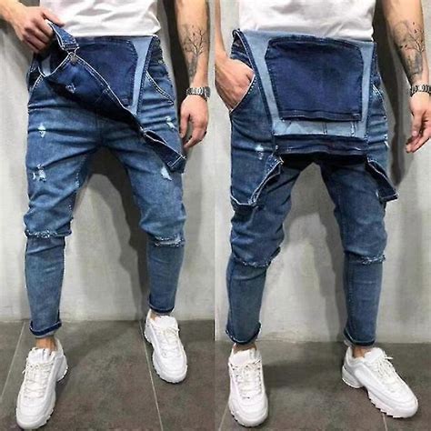 men frayed ripped jeans pants denim dungarees overalls bib  brace