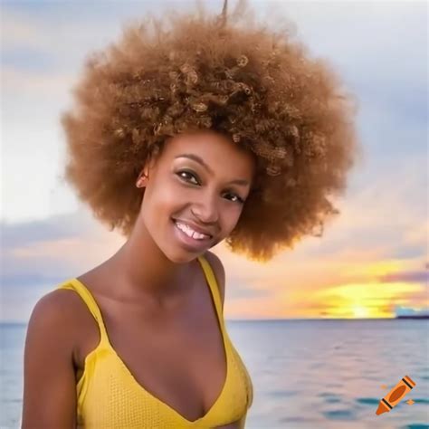 Island Woman With Blonde Afro Hair In A Tropical Paradise On Craiyon