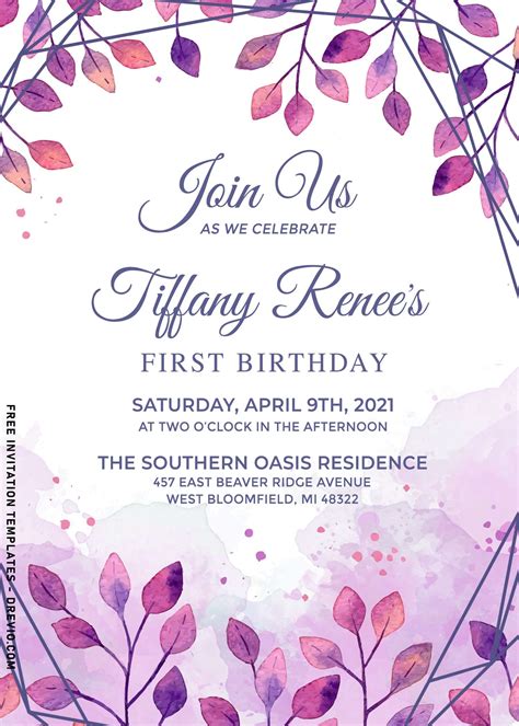 10 Beautiful Purple Floral And Leaves Birthday Invitation Templates