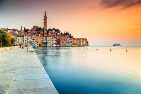 Stunning Sunset With Rovinj Old Townistria Regioncroatiaeurope Stock