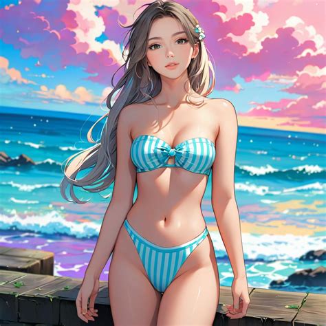 Anime Woman In Blue Striped Bikini On Beach