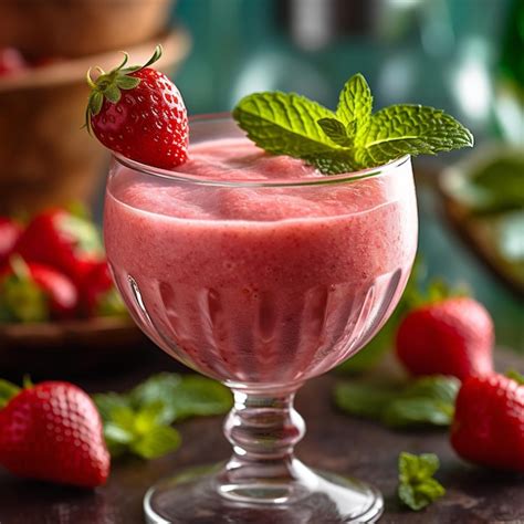 Premium Ai Image A Glass Of Strawberry Smoothie With A Green Leaf On Top