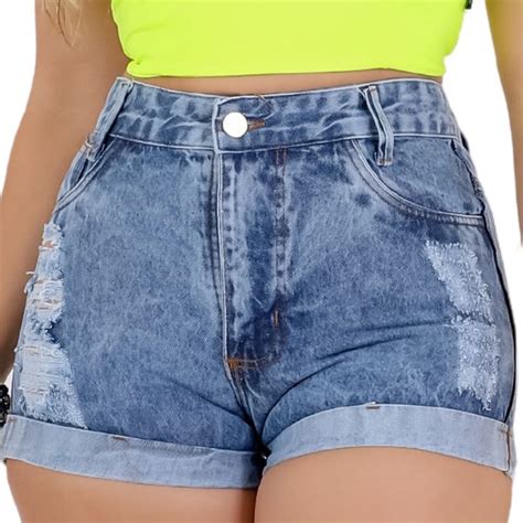 Shorts Jeans Feminino Hot Pants Cintura Alta Desfiado C S Alto Cole O Barra Dobrada Plus Size