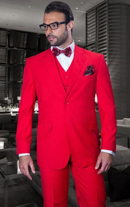 Classic 3 Piece 2 Button Solid Red Mens Suit Extra Fine Ita