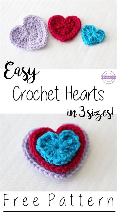 Easy Crochet Hearts 3 Sizes • Sewrella Crochet Heart Pattern Crochet Heart Crochet Applique