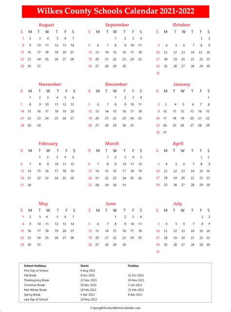 Wilkes County Schools Calendar Holidays 2021-2022