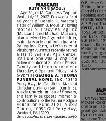 Obituary For Ruth Ann Mascari Newspapers