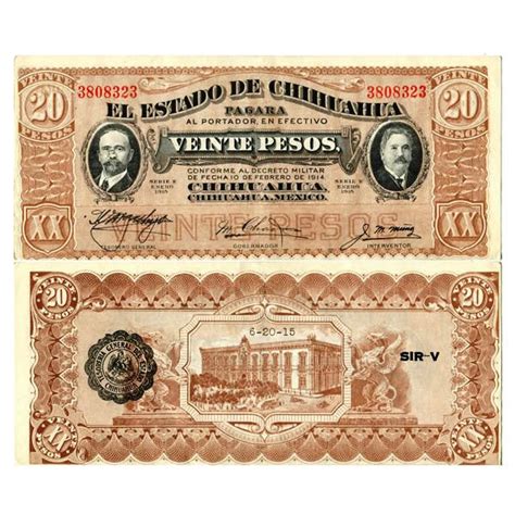 1915 K Billete México Revolución Mexicana 20 Pesos Estado de