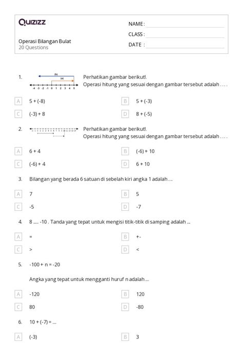 Lembar Kerja Operasi Dengan Bilangan Bulat Untuk Tk Di Quizizz