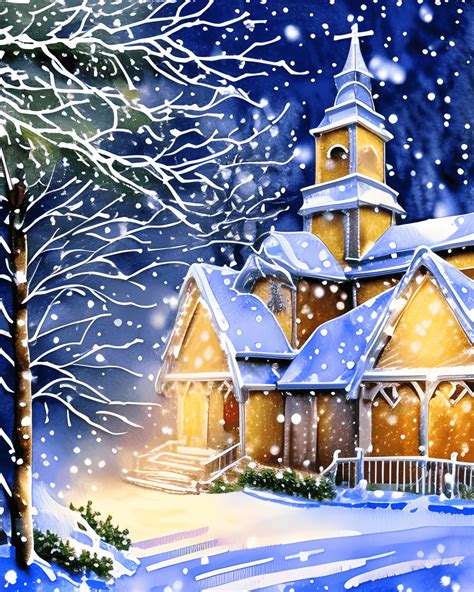 Beautiful Church In Snow With Lighted Windows And Snow Falling Path