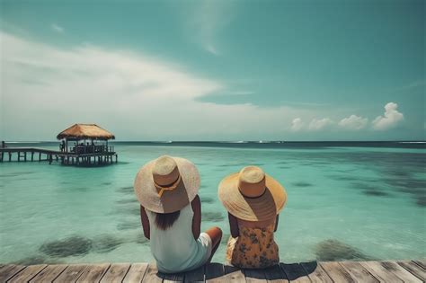 Una Hermosa Pareja De Turistas Con Sombreros Se Sienta En Una Playa