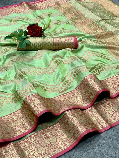 Parrot Green Color Linen Silk Saree With Golden Zari Weaving Work