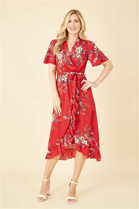 Mela Red Floral Dip Hem Wrap Midi Dress Mela