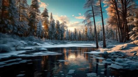 Premium AI Image | A snowy landscape with a lake and a snowy landscape.