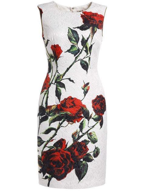 White Round Neck Sleeveless Rose Print Dress