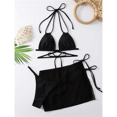 Jual Bikini Swimsuit Baju Renang Three Piece Pcs Polos Hitam Chiffon