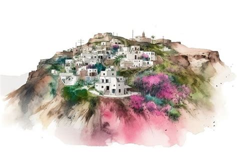 A Watercolor Painting of a Small Town on a Hill. Generative AI Image ...