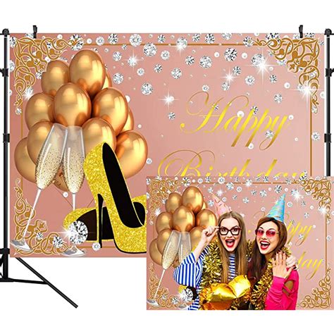 Buy Duluda Glitter Rose Gold Happy Birthday Backdrop High Heels Backdrop Champagne Glass Balloon