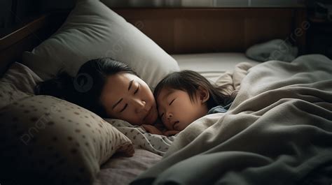 엄마와 아이가 침대에서 함께 자고 있다 부모와 자식으로 동침 고화질 사진 사진 만화 파워 포인트 배경 일러스트 및 사진