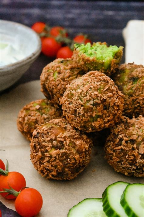 Green Edamame And Pea Falafel With A Yoghurt Cucumber And Mint Dip Vegan