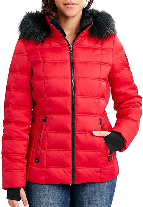 Nautica Womens Faux Fur Trim Hooded Midweight Puffer Jacket Small Red