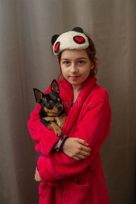 Adorable Little Girl Holding Chihuahua Puppy Standing And Looking Up Stock Photo - Image of ...