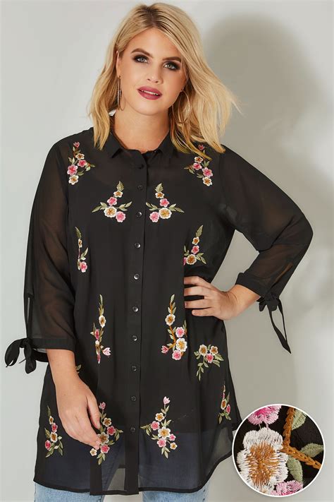 Black Floral Embroidered Longline Chiffon Shirt Plus Size 16 To 36