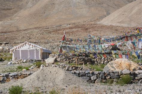 Tented Tourist Camp at Pangong Lake.Light and Shade from Sunrise Stock ...