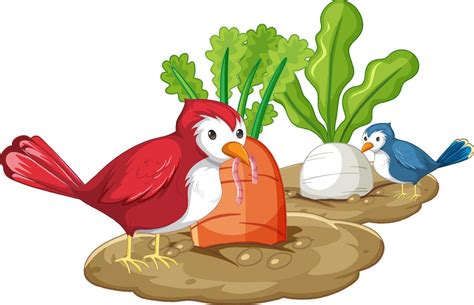 Two Birds Eating Worm In Garden Vector Art At Vecteezy