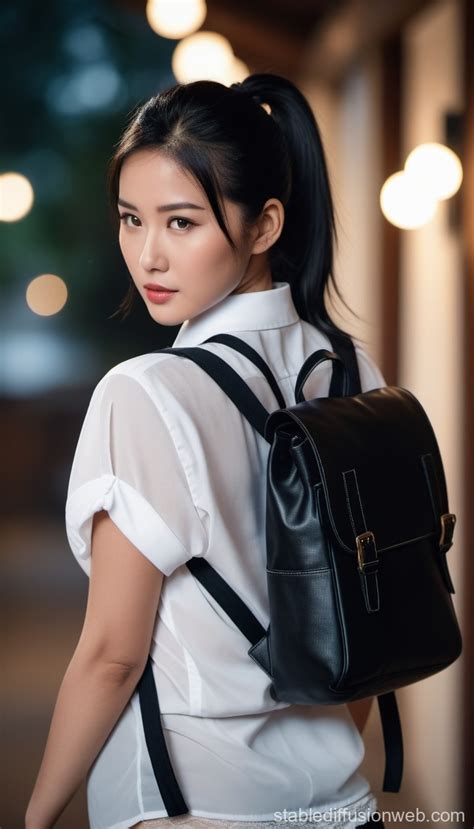 Asian Woman In Black Lingerie With Backpack Stable Diffusion Online